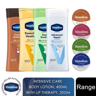 Vaseline Body Lotion400ml & Lippenbalsam20g Wahl zwischen Aloe, Kakao, Reparatur oder Intensiv