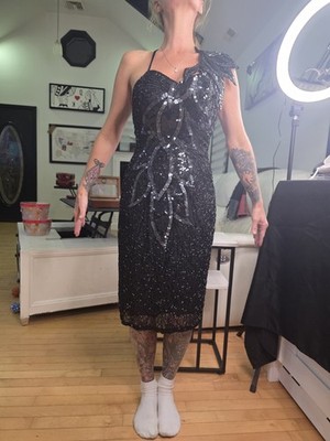 Vintage Black Tie By He-Ro Silk Beaded Sequin Evening Dress Sz 6 Black 