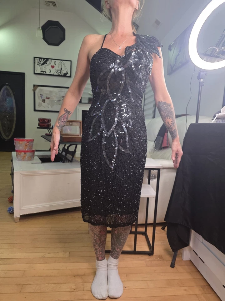 Vestido de noite vintage preto gravata da He-Ro de seda com miçangas tamanho 6 preto - Imagem 4 de 4