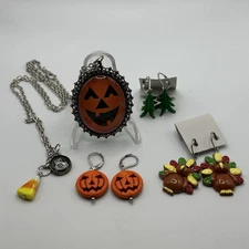 Kole Jax Oval Jack-O-Lantern Necklace, 3 Sets Holiday Earrings Halloween