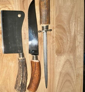 Meat Cleaver w /Antler Handles 6”Blade& Knife 13”& Sharpener 3 Pc.SetGerman Made