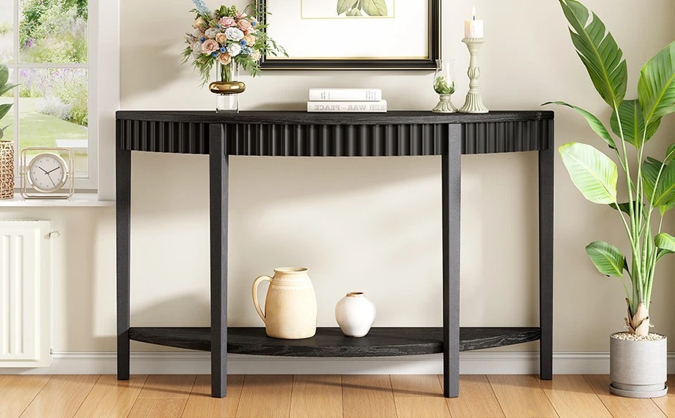 Elegante Mesa de Entrada Media Luna Mirod - Chapa de Madera, Estante Abierto Foto 4 de 4