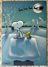 Unused Christmas Snoopy Woodstock Santa Sky Peanuts Vtg Greeting Card 1970s A