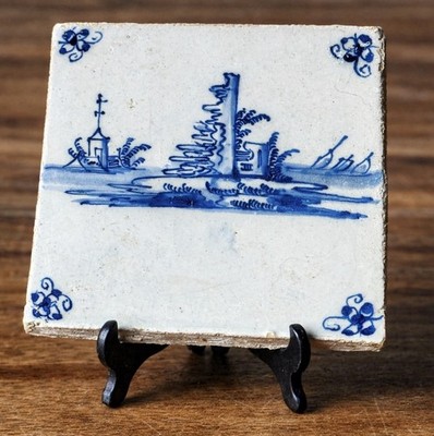 Antique 17th Century Dutch Delft Hand Painted Blue and White Tile 5''