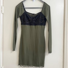 Y2K Mesh Bodycon Dress Small Olive Lace Bustier Sheer Long Sleeve Grunge Goth