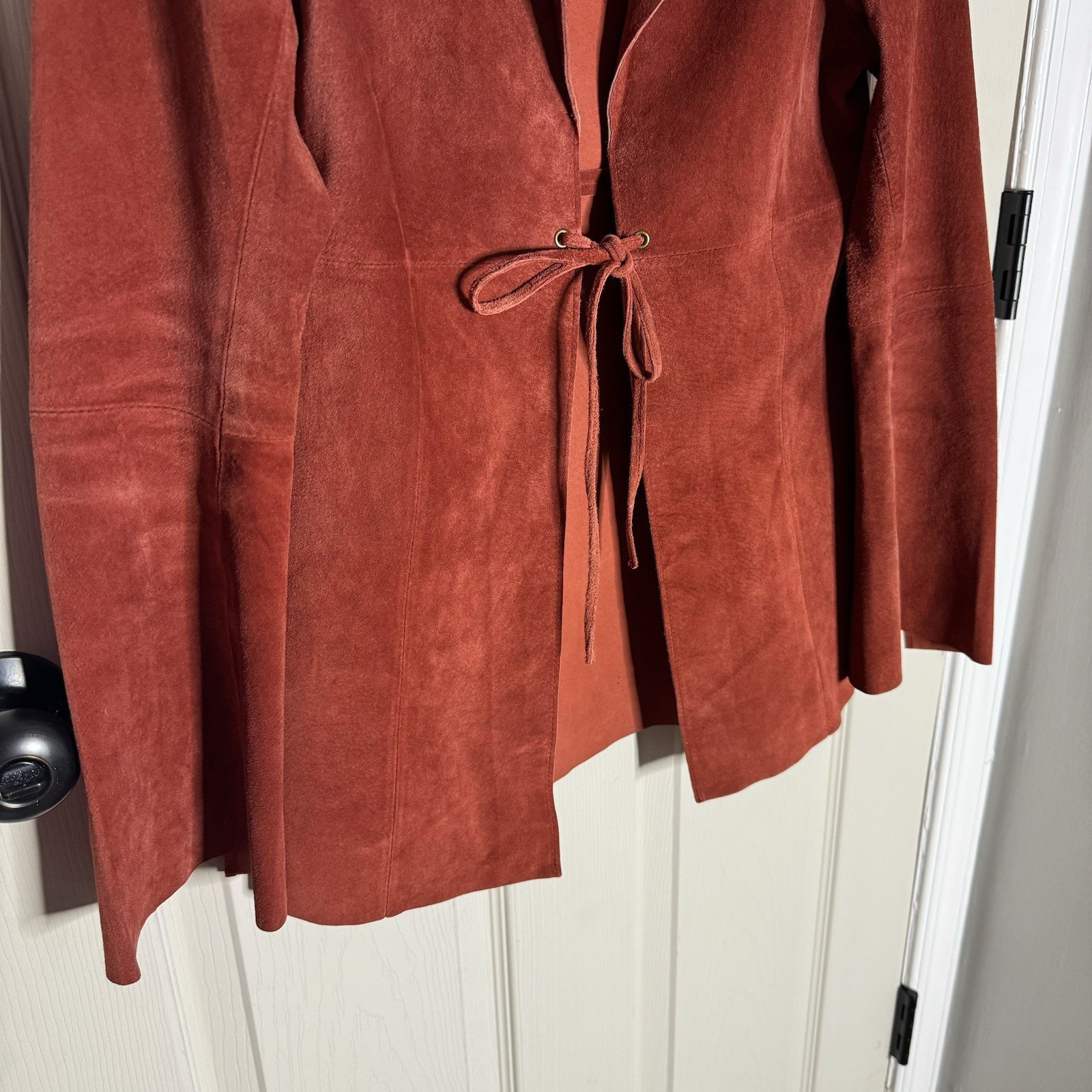 Vintage Wet Seal Womens M 100percent Leather Suede Jacket Red Bell Sleeve Tie Up #b8 image 3