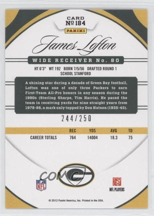 2012 Certified Immortals Mirror Red /250 James Lofton #184 HOF - Image 2 of 2
