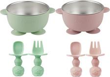 2 Pack Stainless Steel Baby Suction Bowls with Silicone Utensils