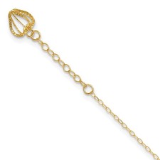 14k Yellow Gold Cable Chain with Diamond-cut Heart Cage Dangle 11" Anklet