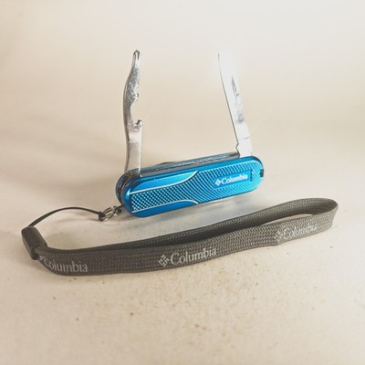 Columbia Multi Tool Pocket Knife Blue Aluminum Scales Lanyard LED