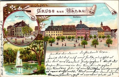 LITHO GRUß AUS HANAU MAIN KINZIG KREIS STADTTHEATER + MARKTPLATZ 3BILD COL. 1899 - Bild 1 von 2