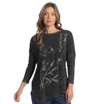Jess & Jane XL Curiosity Top Asian  Dragonfly Tunic Women's Black Cotton