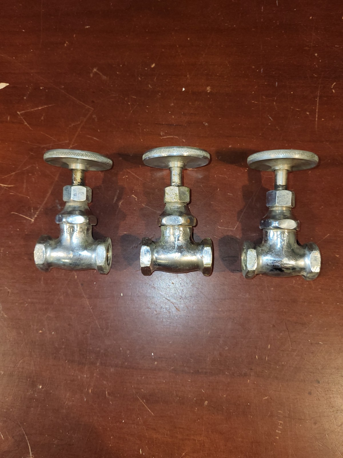 Vintage chrome 3/8 IPS straight shutoff valves.