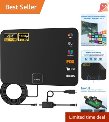Compact Indoor HDTV Antenna with Amplifier & 16.5ft Cable - Access 120 Channels