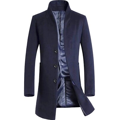 Vogstyle Men's Stand Collar Long Trench Coat Wool Blend Slim Fit