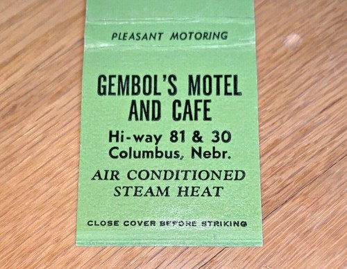 Vintage GEMBOL'S MOTEL & CAFE Streichholz Cover COLUMBUS Nebraska Hi-Way 81 & 30 - Bild 2 von 4