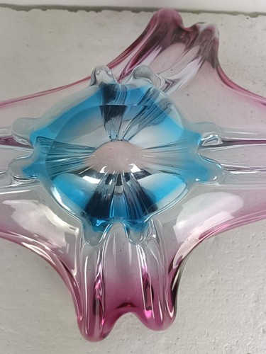 Gorgeous Bowl Dish Centerpiece Cranberry Azzuro blue Art Glass Murano Italy Vint - Picture 5 of 8
