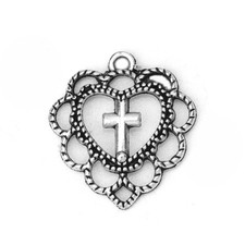10 Cross In Heart Charms 22 x 20 mm Antique Silver Tone US Seller 397