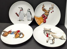 Macys THE CELLAR Holiday 9" Salad Plates Fox Deer Chipmunks Penguins Set of 4 EC