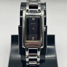 Guess Silver Tone Rectangle Black Dial Link Bracelet Band Watch- New Battery