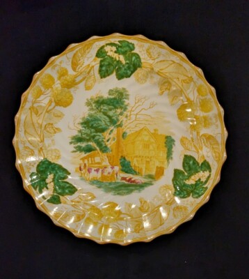 Rare Antique Copland Spode Yellow Rural Scenes 10 1/2'' Dinner Plate England Hops