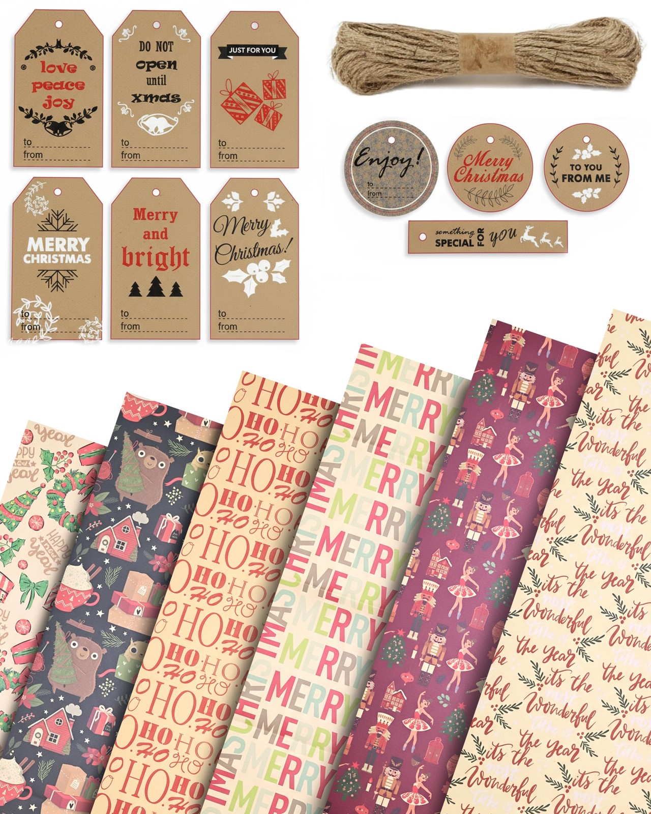Kraft & Co Christmas Wrapping Paper 12 Sheets, Tags & Twine, 50x70cm, Buzz | Recycled kraft paper, biodegradable & recyclable, 6 festive holiday designs, tear-resistant, eco-friendly gift wrap - Image 2