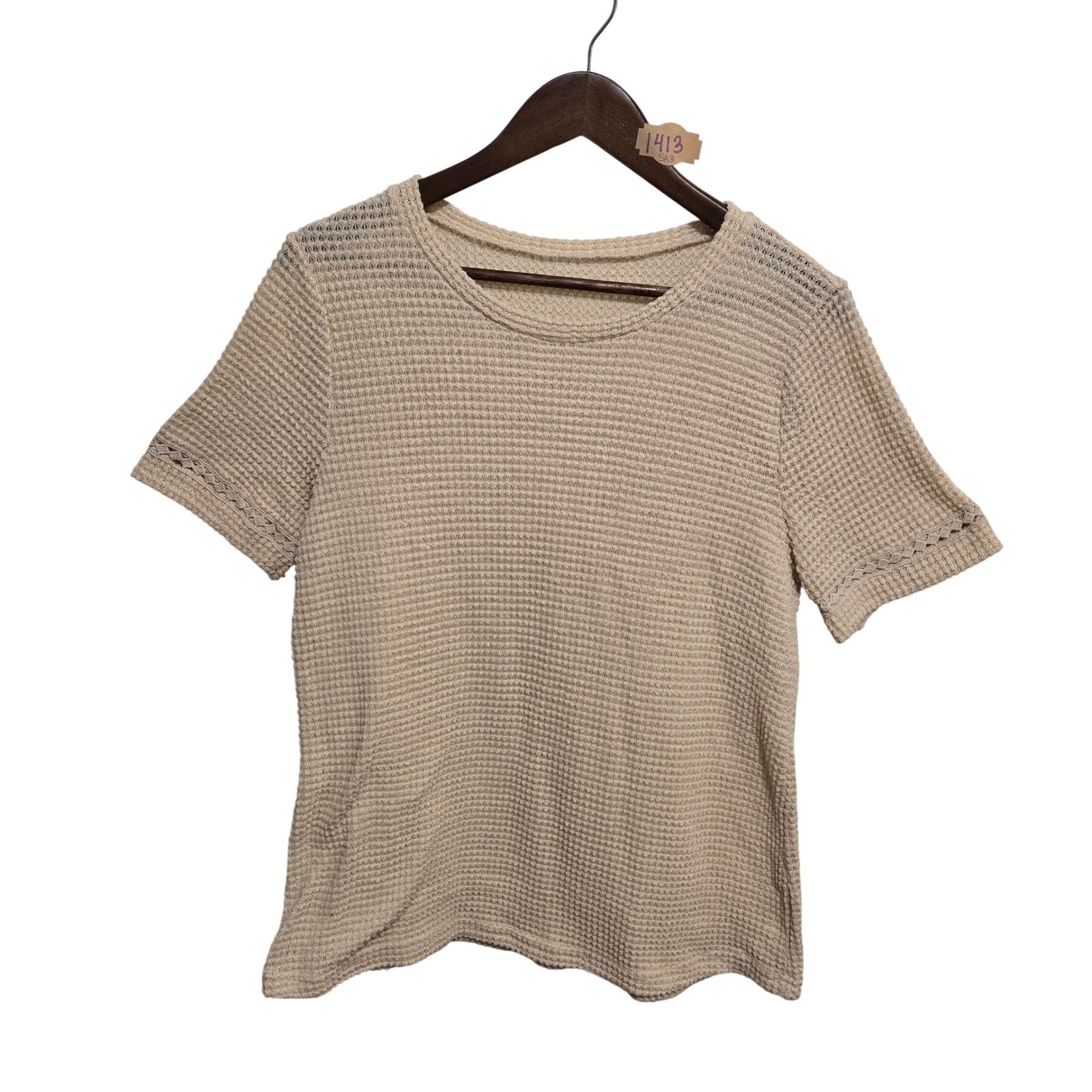 Beige Waffle Knit Short Sleeve Top Crochet Lace Trim Crew Neck Casual Large