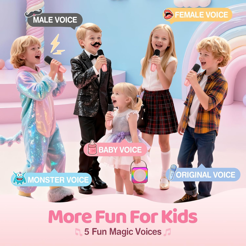 Karaoke Portatile Per Bambini Con 2 Microfoni Wireless – Bluetooth 5.3, Cambio Voce, Luci LED, Regalo 3-12 Anni - 2