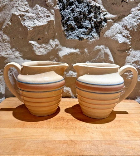 Vintage McCoy E7 Milk Jugs / Pitchers 6” - Beehive w/Pink Striping - Set of 2