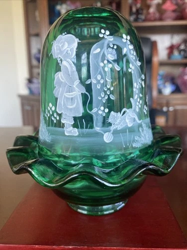 RARE Fenton Cats Cradle Mary Gregory Fairy Lamp Emerald Green  UV Signed Vintage