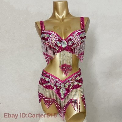 Beaded Carnival Samba Performance Outfit Belly Dance Costume Bra Belt Hot Pink