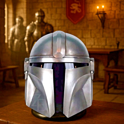 Mandalorian Silver Steel Helmet Battle Ready, Liner & Strap, LARP, Vintage Gift