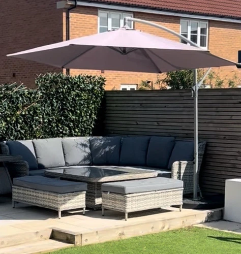 rattan corner garden sofa dining table set with benches & Parasol Plus Covers