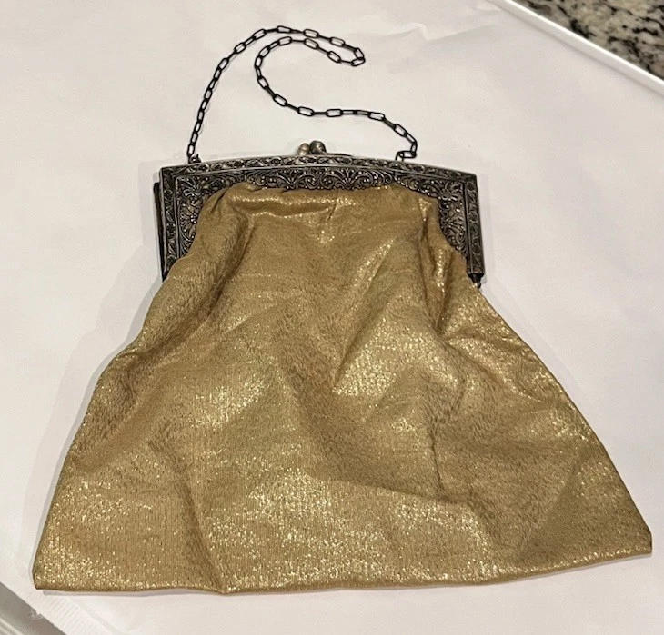 Antique Vintage Metallic Shimmery Gold Purse With Ornate Silver Metal Frame - Image 2 of 4