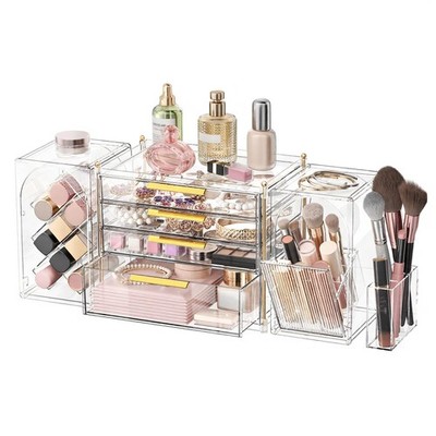 4-Tier Drawer Makeup Organizer, 3-in-1 Free Combination Cosmetic Storage with...