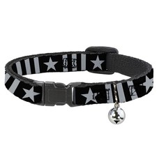 Cat Collar Breakaway with Bell Star and Three Stripes Black/Gray NARROW Fits 8.5