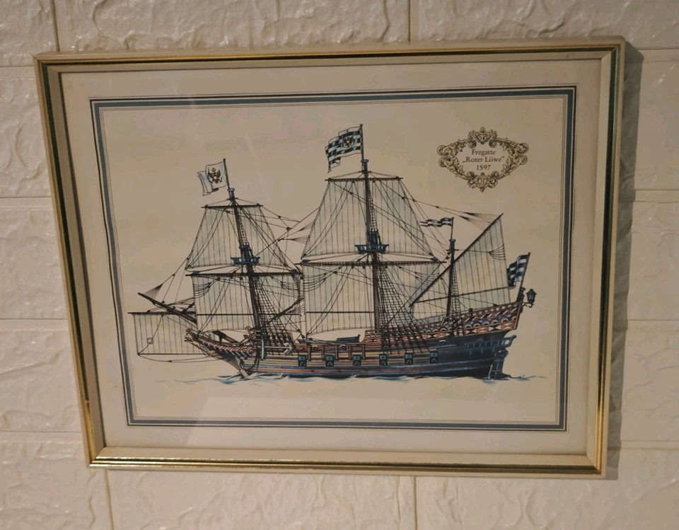 Vintage Holz Bilderrahmen Motiv: Schiff Segelschiff Frigatte Roter Löwe 1597  - Bild 2 von 4