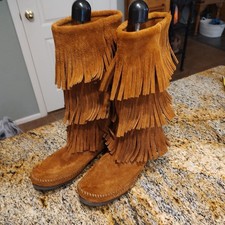Minnetonka 3-Layer Fringe Women's Size 7 Brown Suede Pull On Moccasin Boots 1632