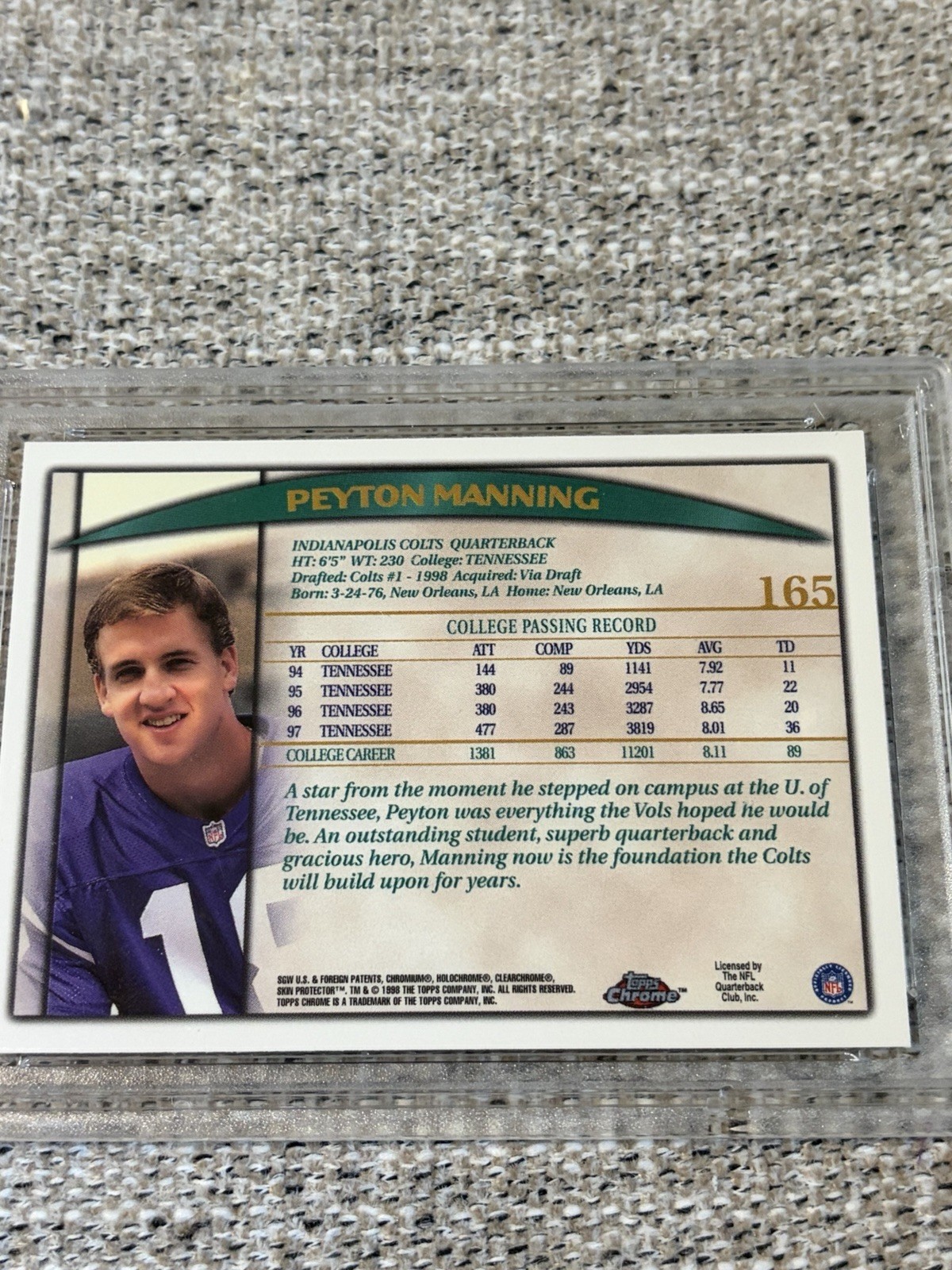 Peyton Manning 1998 Topps Chrome Rookie RC #165 Colts HOF PSA 9 MINT view 3