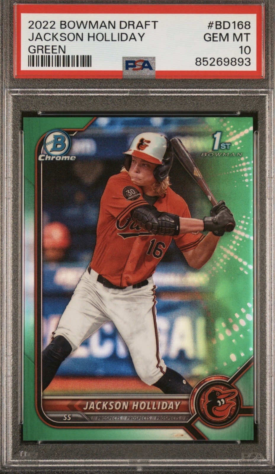 2022 Bowman Draft Jackson Holliday Green /99 #BD168 PSA 10 GEM MT