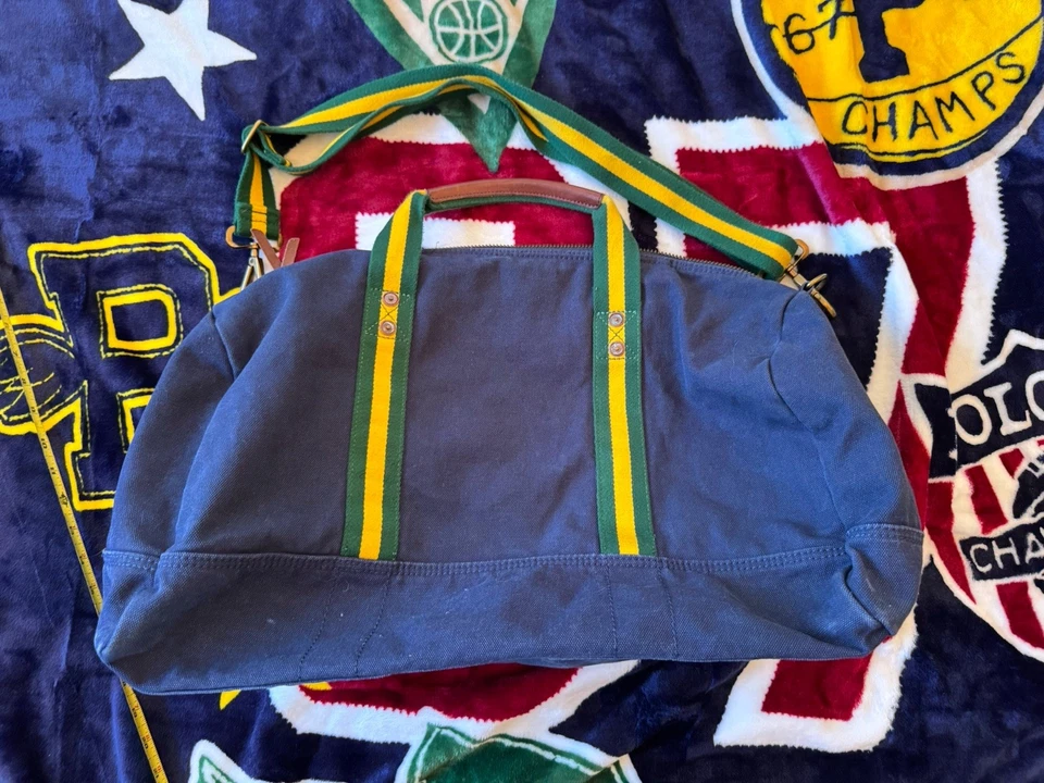 Polo Ralph Lauren Navy Green Yellow Straps Duffle Bag Preppy Patches Collegiate - Image 4 of 4