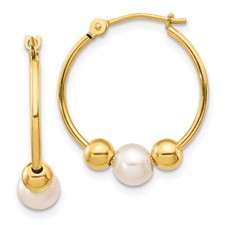 14k Yellow Gold 5-6mm White Semi-round Freshwater Cultured Pearl Hoop Earrings