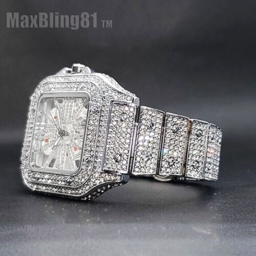 RELOJ DE LUJO PARA HOMBRE BANDA COMPLETAMENTE HELADA ESFERA ESQUELECTON DIAMANTE SIMULADO CUADRADO BLING - Imagen 20 de 30