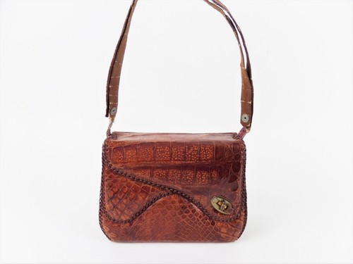 Bolso de mano vintage de cuero marrón cocodrilo marca 2 solapas 1940 década | eBay