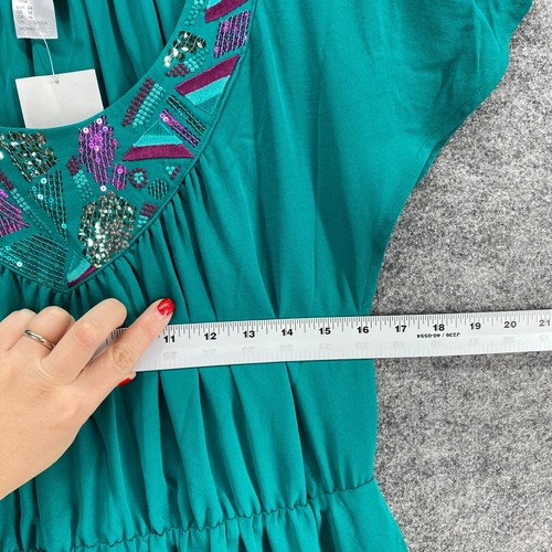 New H&M Sundress Women 14 Green Midi Sequin Round Neck Short Sleeve Casual - Picture 5 of 10