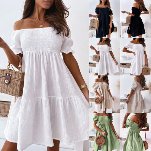 Damen Schulterkleid A-Linie-Kleid Rückenfrei Sommerkleid Minikleid Strandkleid - Bild 1 von 25