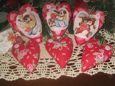 Valentine Decor  3 Appliqued Hearts 3 Rose Hearts Ornaments Handmade Gift