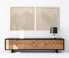 Wood Wall Art Mountain Panels Set of 2 square Geometric Wooden Artwork 48"x23"