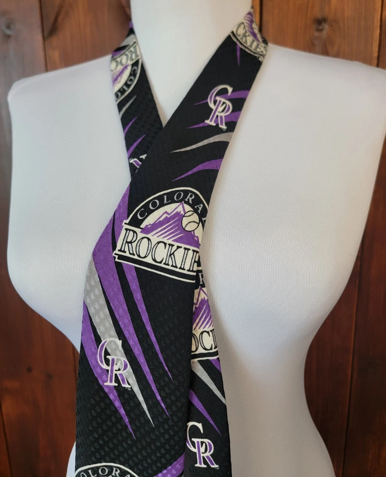 Colorado Rockies Tie 1992 Ralph Marlin 100% Silk Black Purple Silver Sport Merch - Image 4 of 4