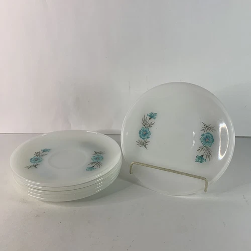 Set of 6 Vintage Fire King Saucers 6" Milk Glass Bonnie Blue Flowers Oven Ware